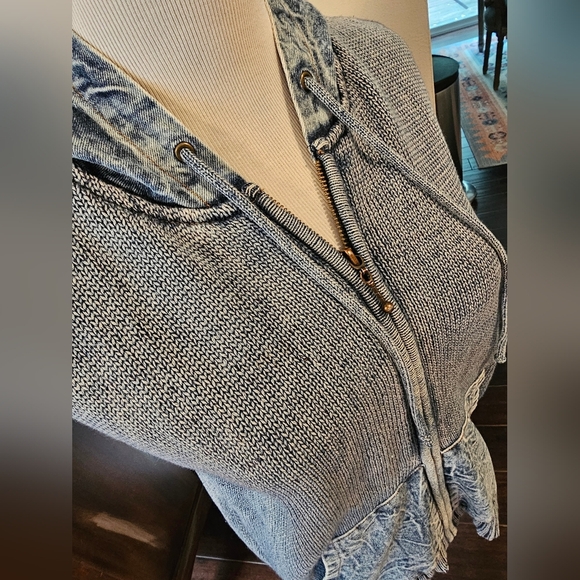 North Style Size MED• Vintage Full Zip Hooded Knit Denim Mixed Media Vest Unique - Picture 6 of 11